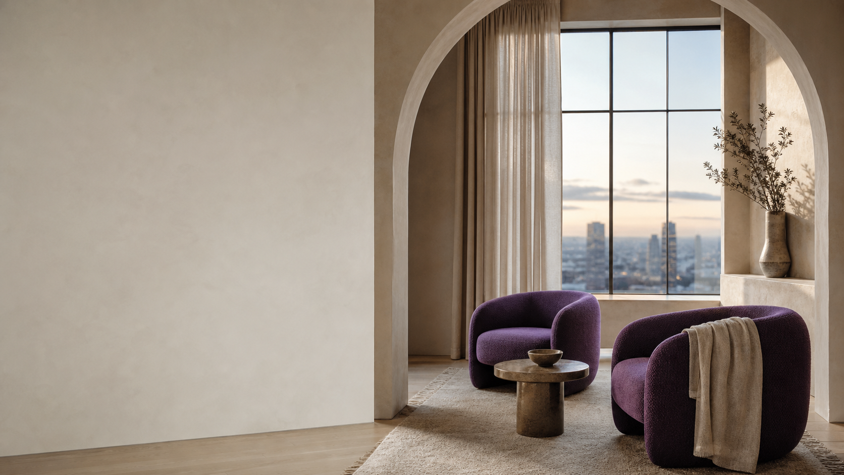 A calm, sunlit interior framed by an architectural arch